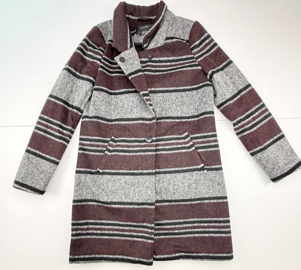 Scotch & Soda Maison Scotch Blanket Stripe Wool Blend Coat Burgundy Grey Size M